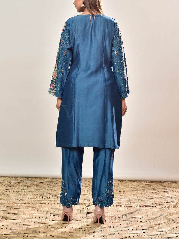 Blue Embroidered Chanderi Silk Suit Set