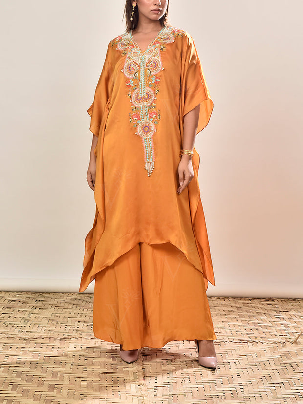 Mustard Crepe Embroidered Cape and Palazzo Set