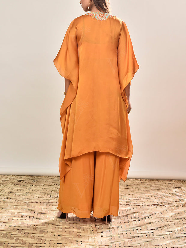 Mustard Crepe Embroidered Cape and Palazzo Set