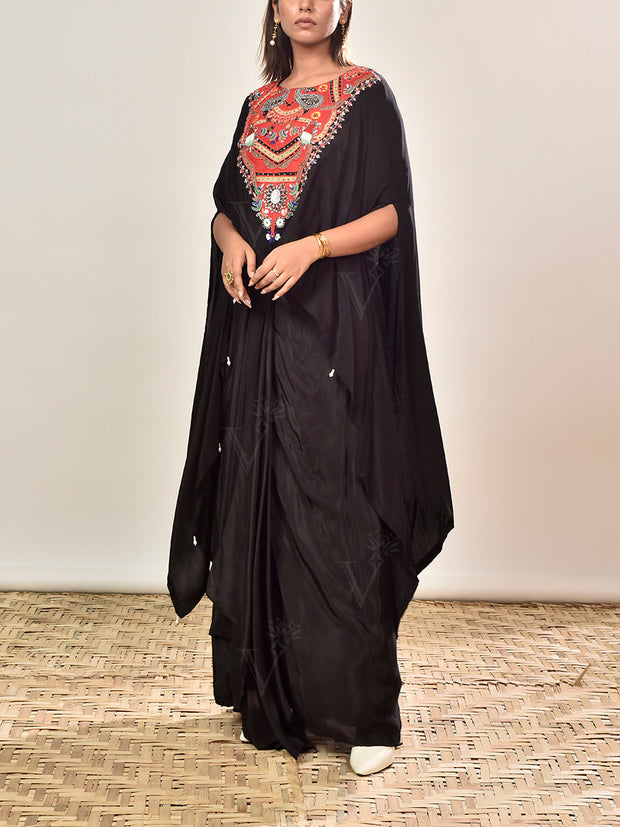 Black Crepe Embroidered Cape and Drape Skirt Set