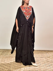 Black Crepe Embroidered Cape and Drape Skirt Set