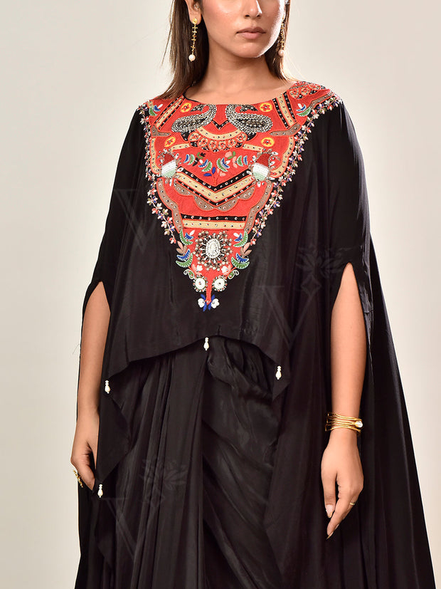 Black Crepe Embroidered Cape and Drape Skirt Set