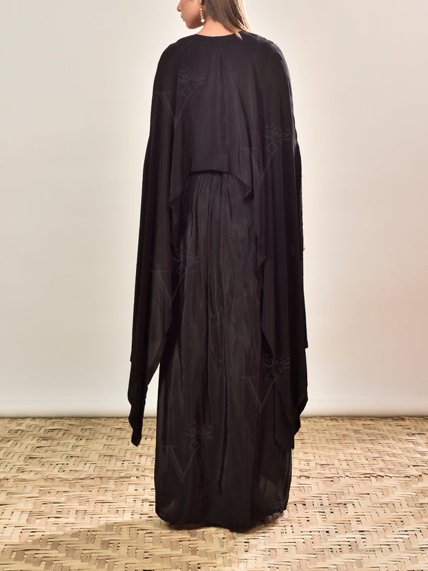 Black Crepe Embroidered Cape and Drape Skirt Set