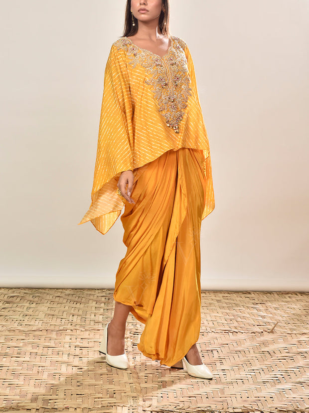 Yellow Silk Embroidered Cape and Drape Skirt Set