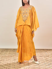Yellow Silk Embroidered Cape and Drape Skirt Set