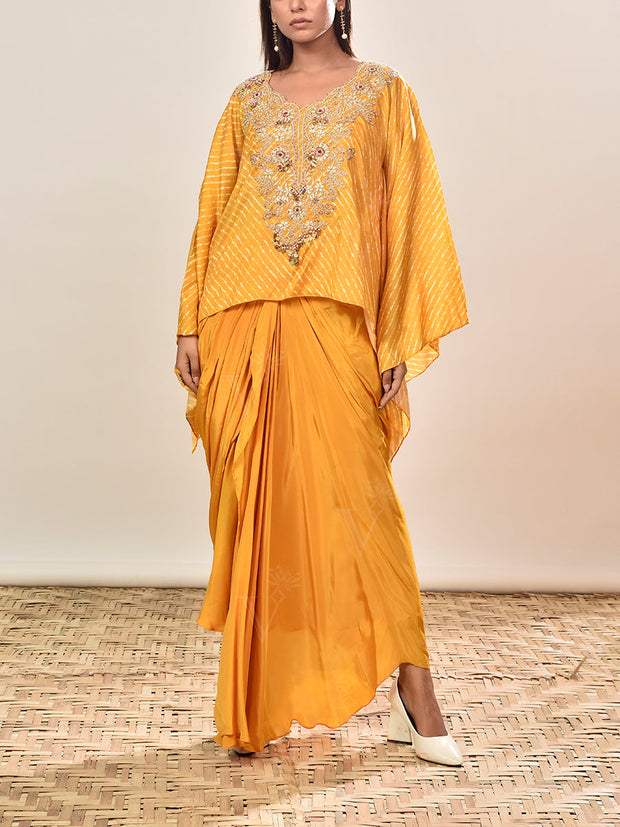 Yellow Silk Embroidered Cape and Drape Skirt Set