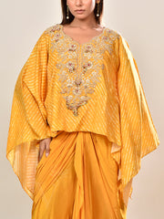 Yellow Silk Embroidered Cape and Drape Skirt Set