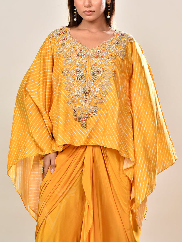 Yellow Silk Embroidered Cape and Drape Skirt Set