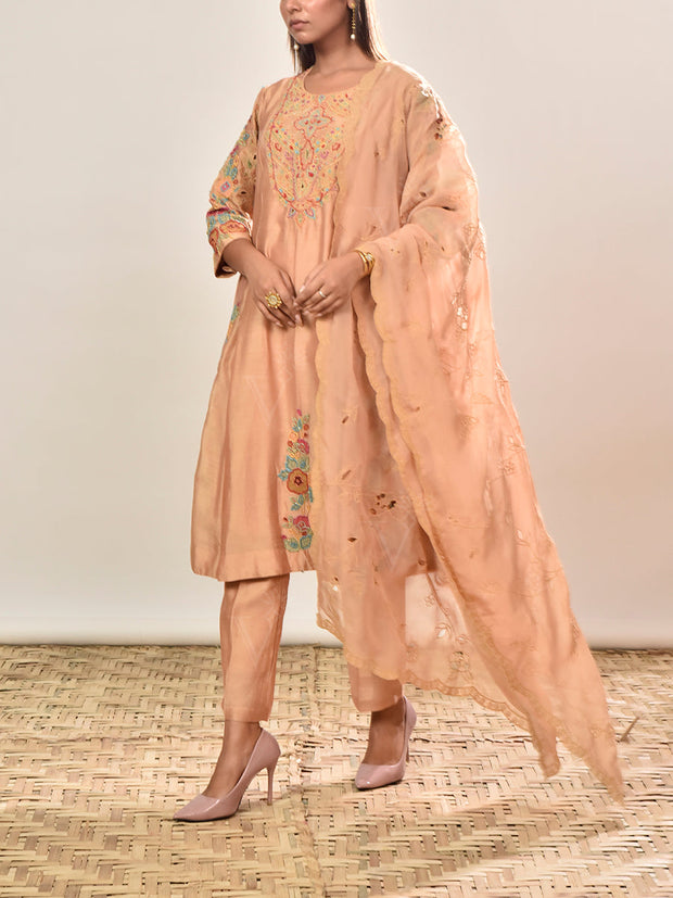 Beige Chanderi Silk Embroidered Suit Set