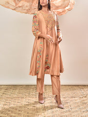 Beige Chanderi Silk Embroidered Suit Set