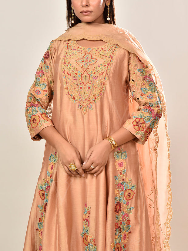 Beige Chanderi Silk Embroidered Suit Set