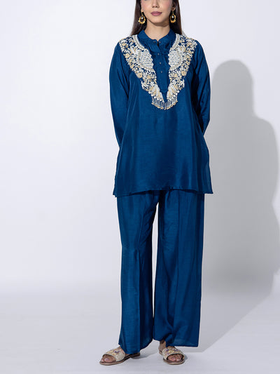 Navy Blue Embroidered Top and Pant Set