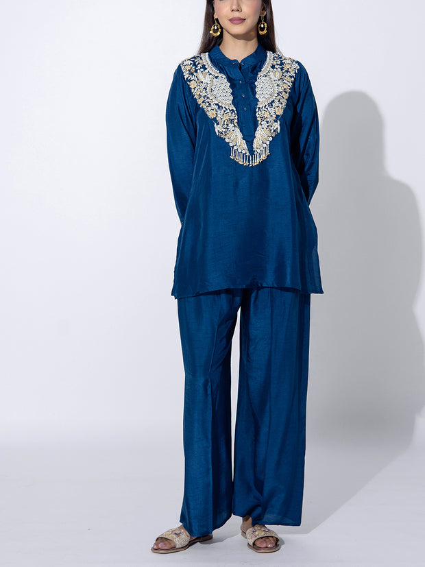 Navy Blue Embroidered Top and Pant Set
