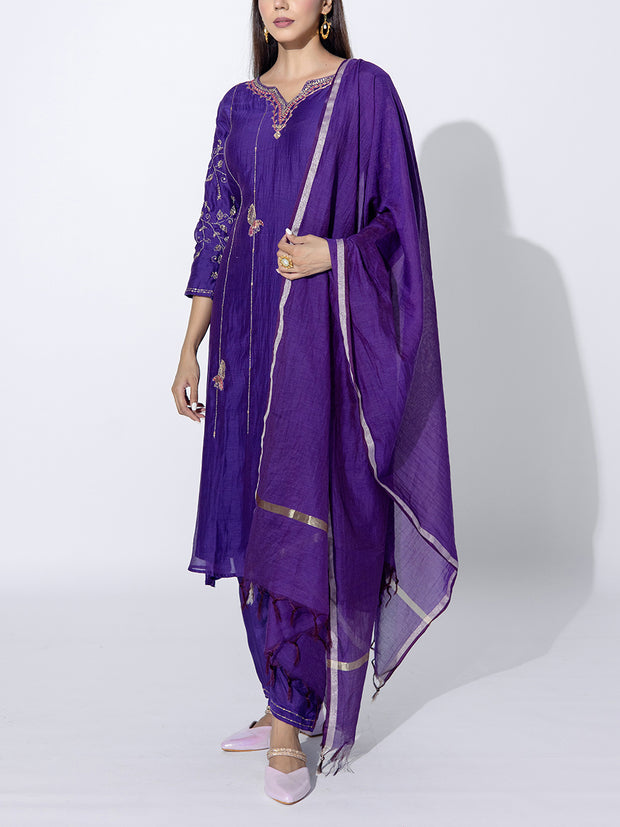 Violet Chanderi Embroidered Suit Set