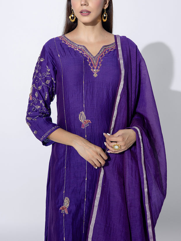 Violet Chanderi Embroidered Suit Set