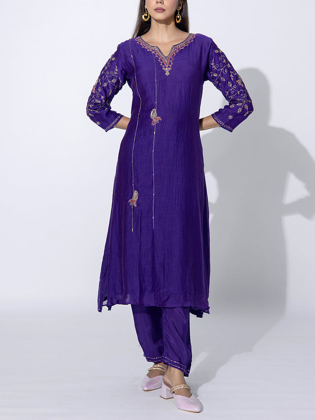 Violet Chanderi Embroidered Suit Set