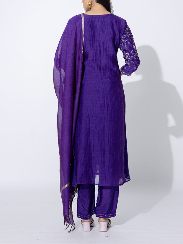 Violet Chanderi Embroidered Suit Set