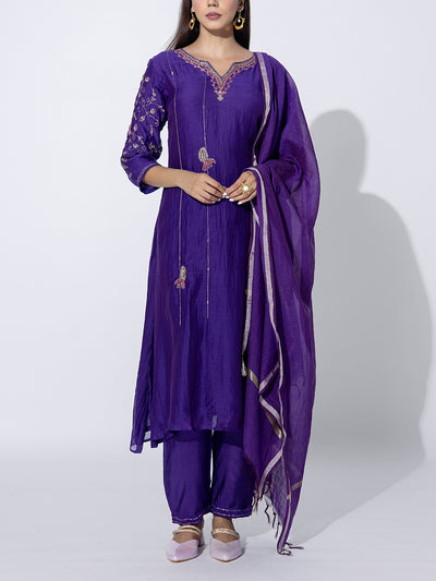 Violet Chanderi Embroidered Suit Set
