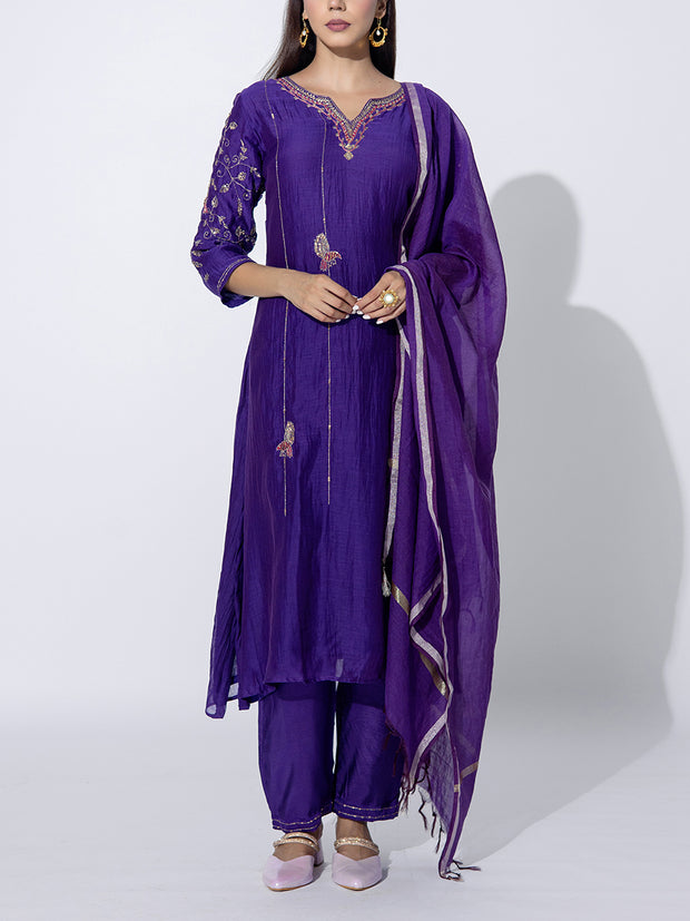 Violet Chanderi Embroidered Suit Set