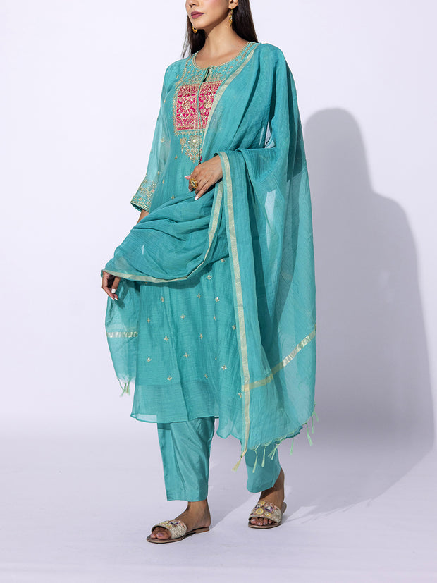 Sea Green Embroidered Chanderi Suit Set