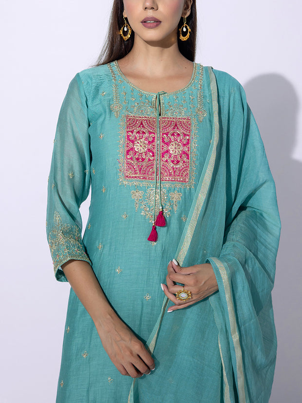 Sea Green Embroidered Chanderi Suit Set