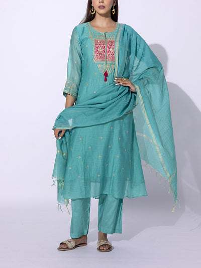 Sea Green Embroidered Chanderi Suit Set