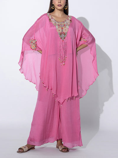 Onion Pink Embroidered Cape and Palazzo Set