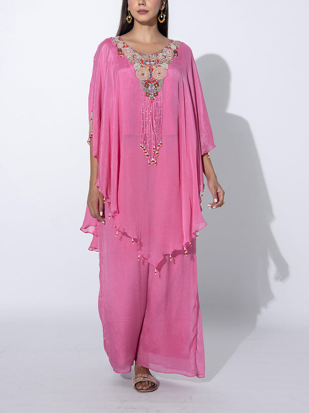 Onion Pink Embroidered Cape and Palazzo Set