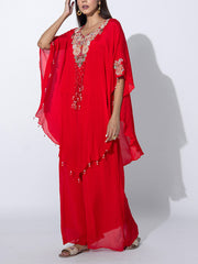 Red Embroidered Cape and Palazzo Set