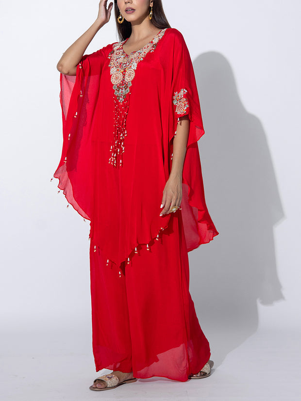 Red Embroidered Cape and Palazzo Set