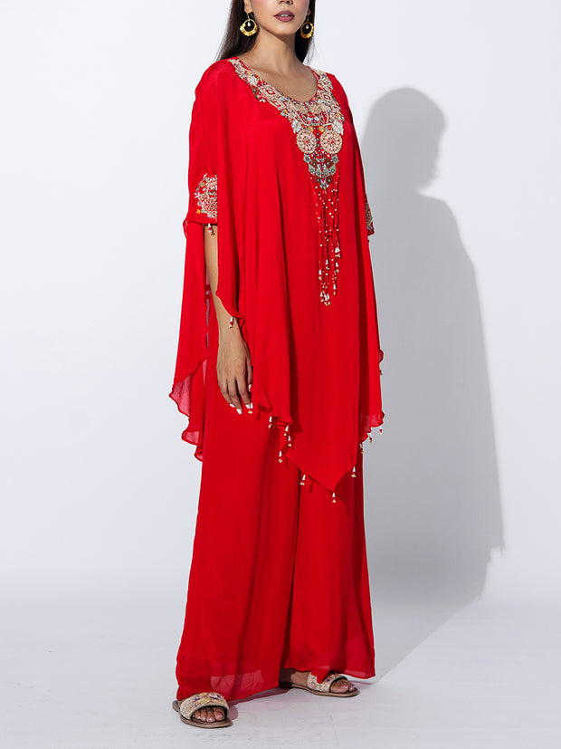 Red Embroidered Cape and Palazzo Set