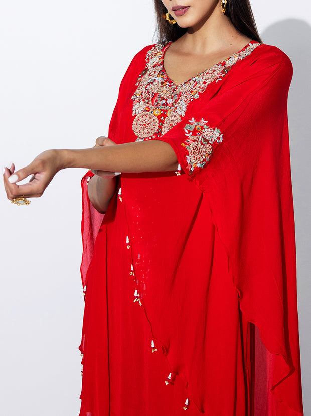 Red Embroidered Cape and Palazzo Set