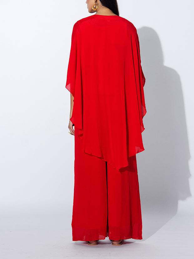 Red Embroidered Cape and Palazzo Set