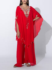 Red Embroidered Cape and Palazzo Set