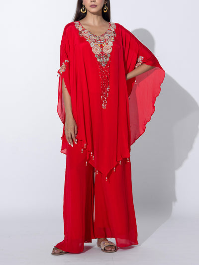 Red Embroidered Cape and Palazzo Set