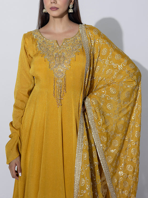 Mustard Tissue Embroidered Gown