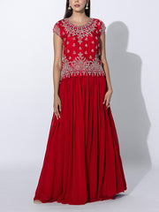 Red Embroidered Top and Skirt Set