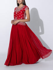Red Embroidered Top and Skirt Set