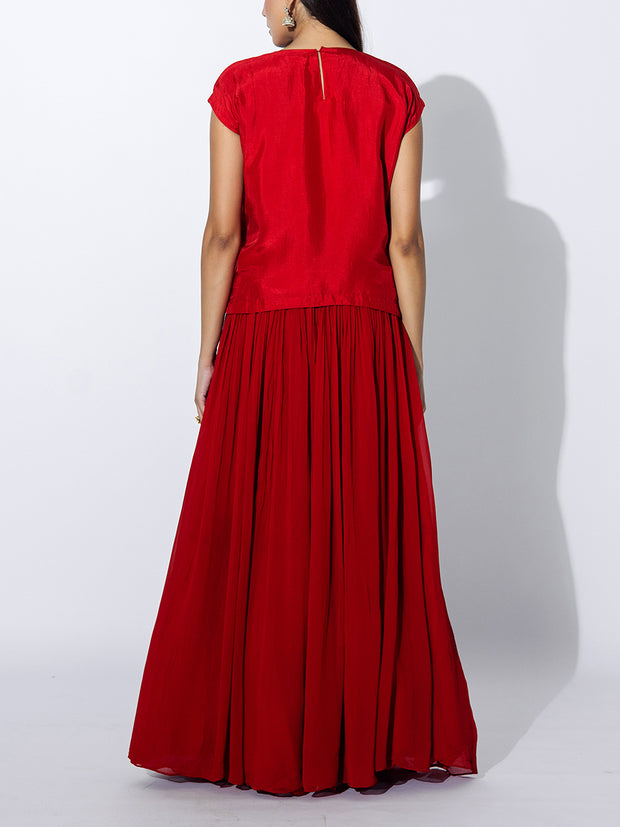 Red Embroidered Top and Skirt Set