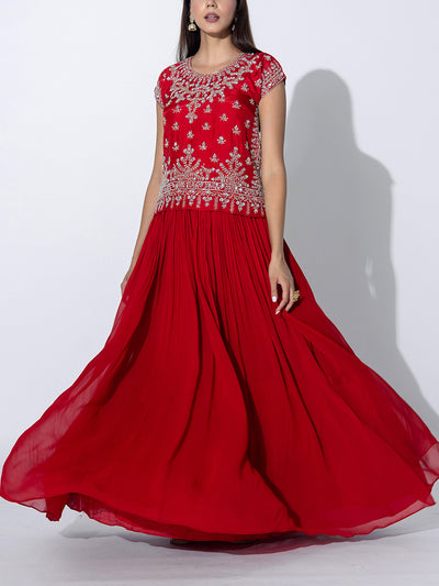 Red Embroidered Top and Skirt Set