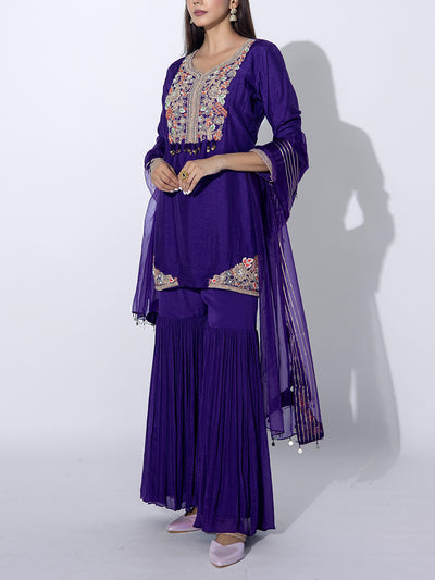 Purple Embroidred Kurta and Sharara Set