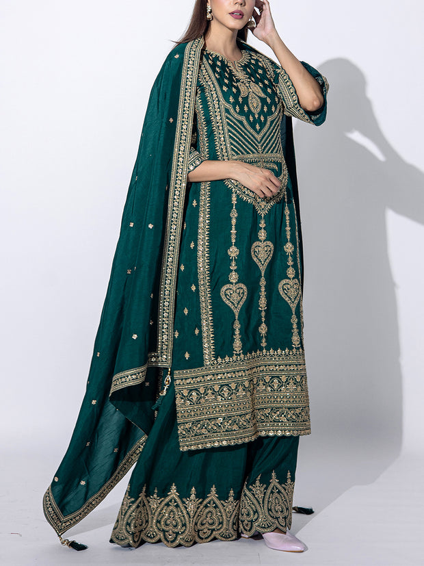 Dark Green Embroidered Kurta and Sharara Set