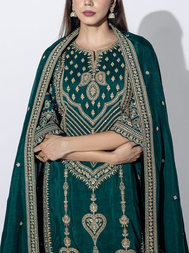 Dark Green Embroidered Kurta and Sharara Set