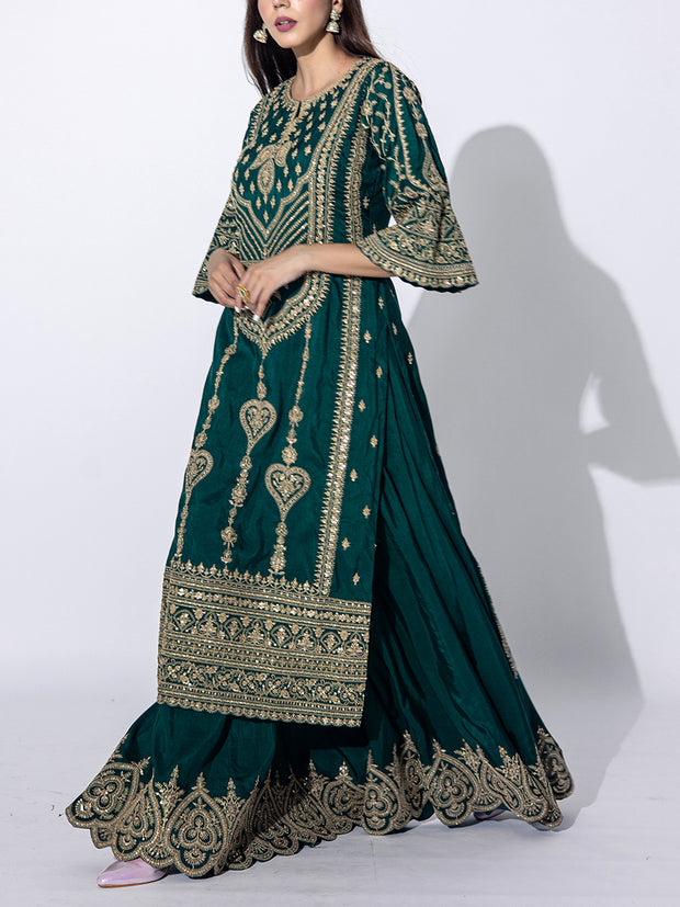 Dark Green Embroidered Kurta and Sharara Set