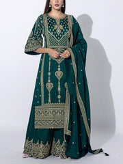 Dark Green Embroidered Kurta and Sharara Set