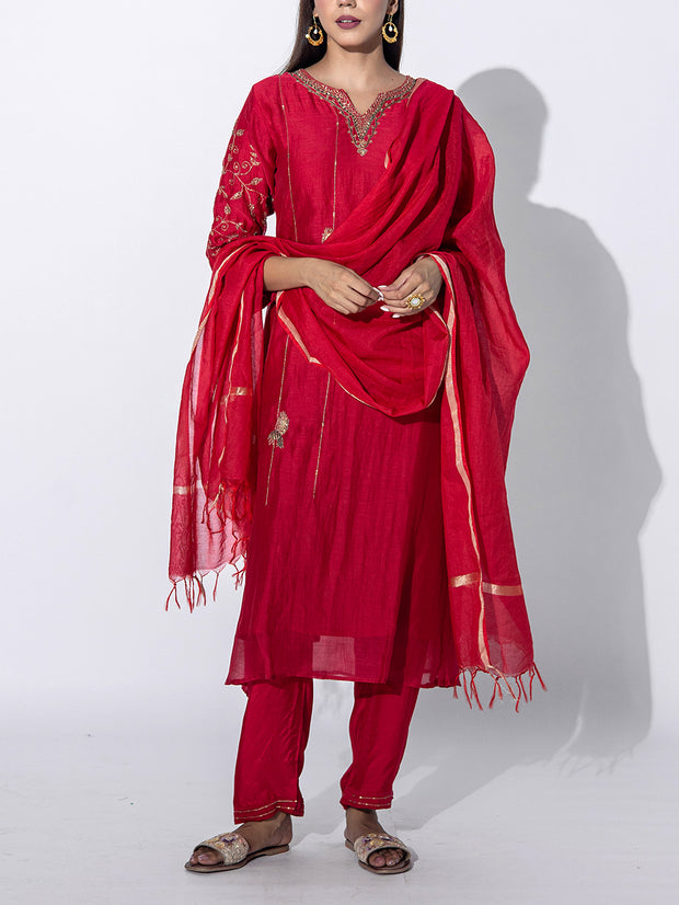 Red Chanderi Embroidered Suit Set