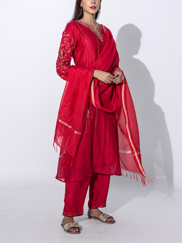 Red Chanderi Embroidered Suit Set