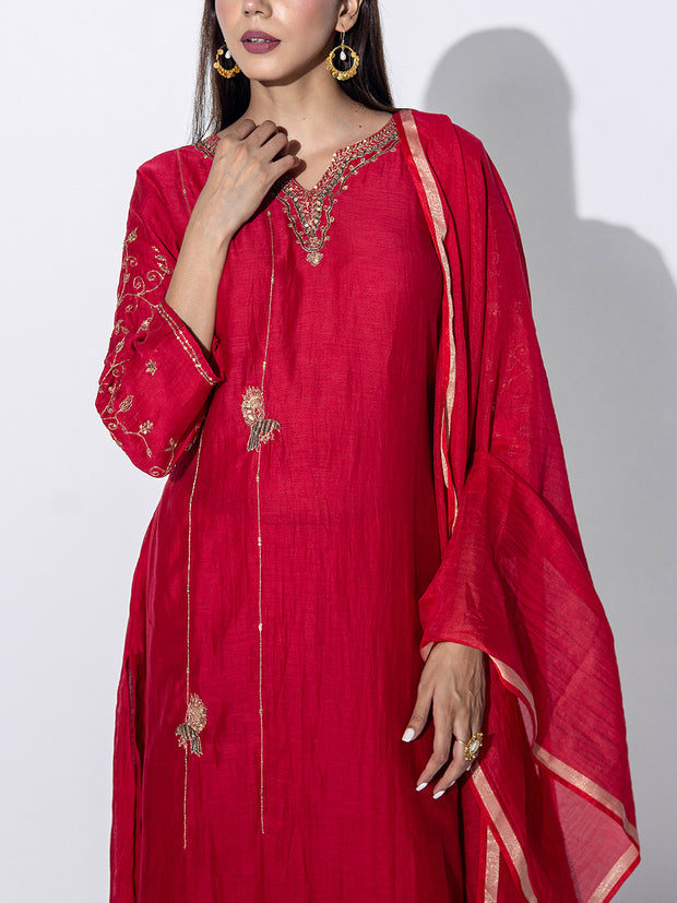 Red Chanderi Embroidered Suit Set