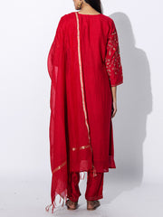 Red Chanderi Embroidered Suit Set