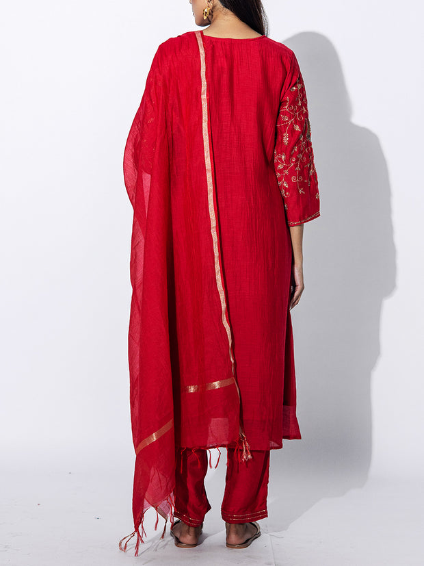Red Chanderi Embroidered Suit Set